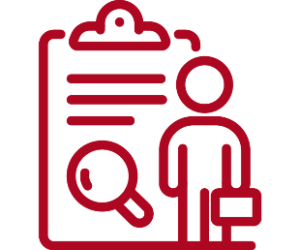 A clipboard icon with a magnifying glass and a person with a breifcase.