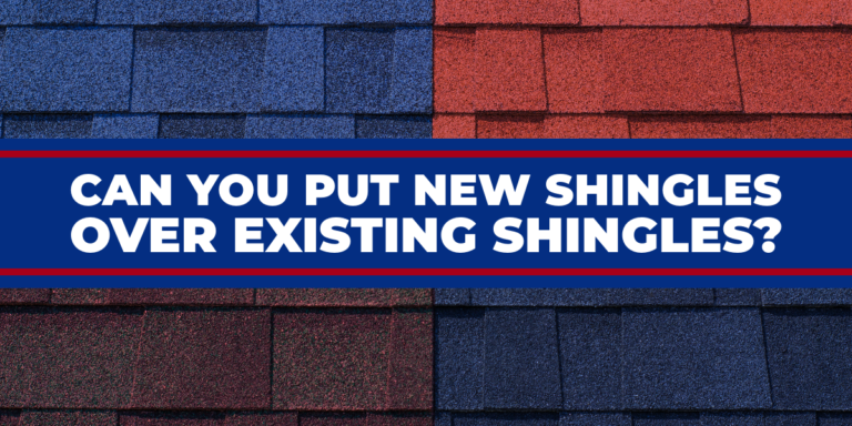 Combination of blue, red, and brown shingles with text: Can You Put New Shingles Over Existing Shingles?
